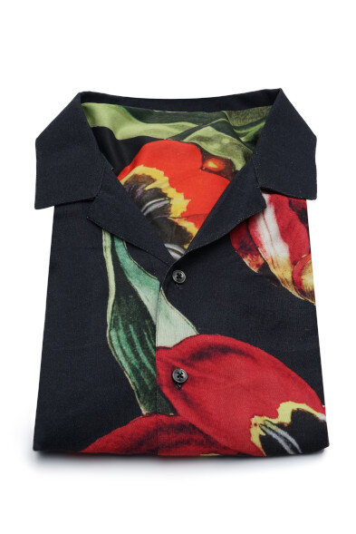 PR013 | Printed Shirts | Private Label Shirt Manufacturer | Turkey: % 100 Viscose - Short Sleeve - Printed - Cuban Collar - Hawaii Collar - Summer - Trendy - Black With Colorful Prints